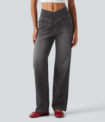 Halara Flex™ jeans décontractés taille haute à taille croisée, effet ventre plat, coupe droite, avec poches