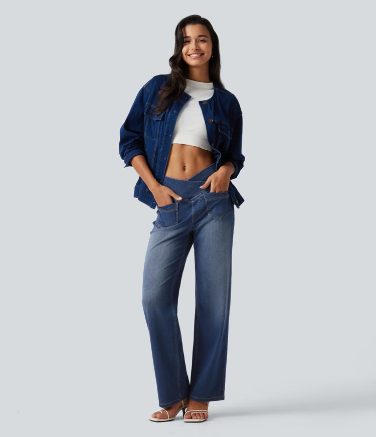 Halara Flex™ High Waisted Crossover Tummy Control Straight Leg Casual Jeans with Pockets