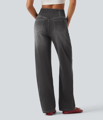 Halara Flex™ jeans décontractés taille haute à taille croisée, effet ventre plat, coupe droite, avec poches