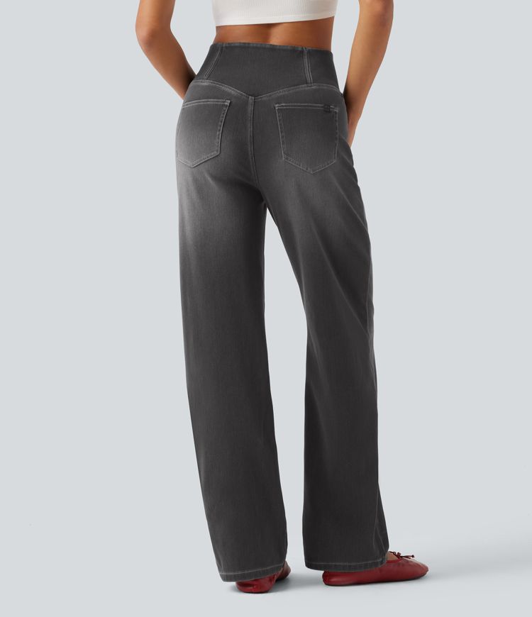 Halara Flex™ jeans décontractés taille haute à taille croisée, effet ventre plat, coupe droite, avec poches