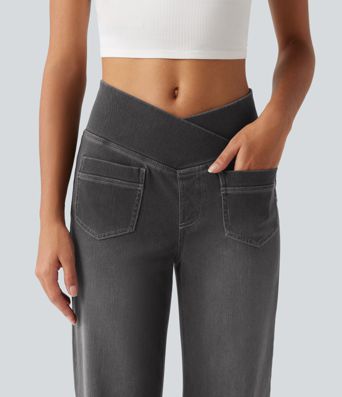 Halara Flex™ jeans décontractés taille haute à taille croisée, effet ventre plat, coupe droite, avec poches