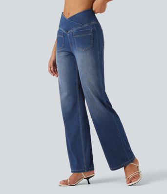 Halara Flex™ High Waisted Crossover Tummy Control Straight Leg Casual Jeans with Pockets