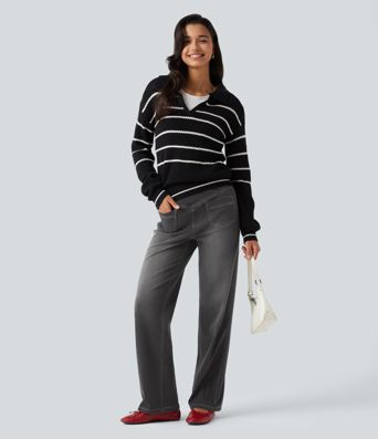 Halara Flex™ jeans décontractés taille haute à taille croisée, effet ventre plat, coupe droite, avec poches