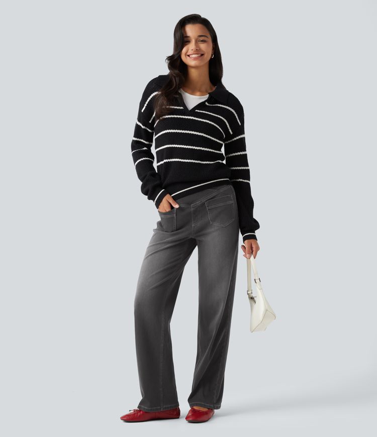 Halara Flex™ jeans décontractés taille haute à taille croisée, effet ventre plat, coupe droite, avec poches