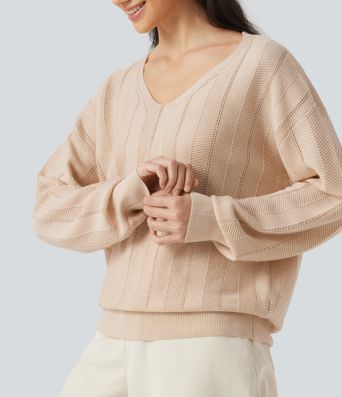 V Neck Long Sleeve Casual Wool-Blend Sweater