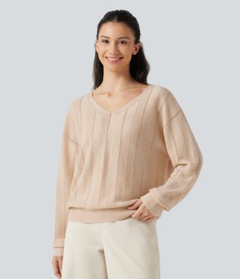 V Neck Long Sleeve Casual Wool-Blend Sweater