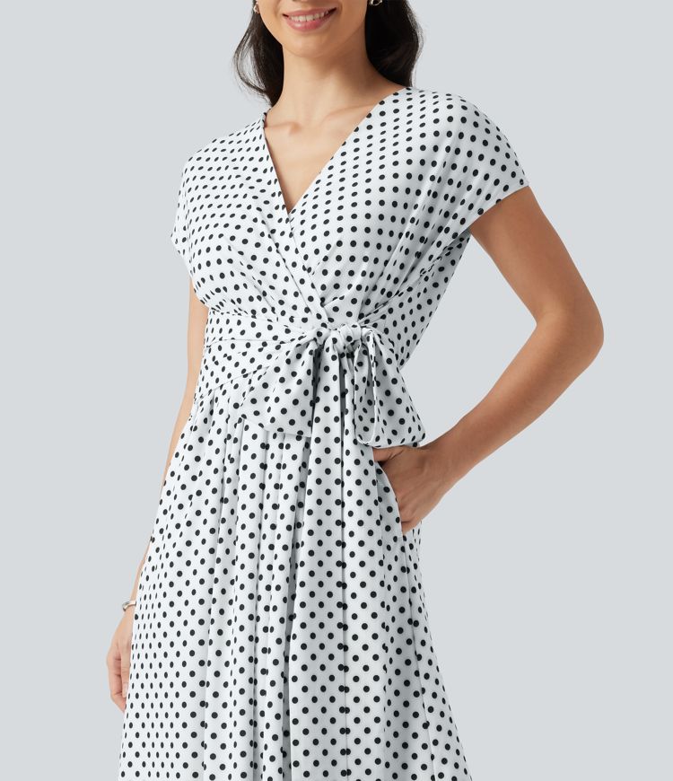V Neck Short Sleeve Tie Side Polka Dot Midi Casual Dress with Pockets V Neck Short Sleeve Tie Side Polka Dot Midi Casual Dress with Pockets