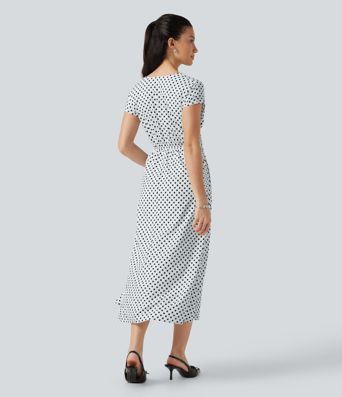 V Neck Short Sleeve Tie Side Polka Dot Midi Casual Dress with Pockets V Neck Short Sleeve Tie Side Polka Dot Midi Casual Dress with Pockets