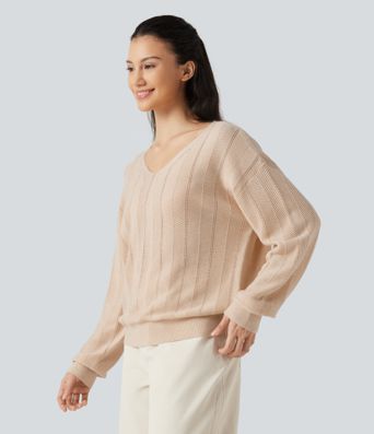 V Neck Long Sleeve Casual Wool-Blend Sweater