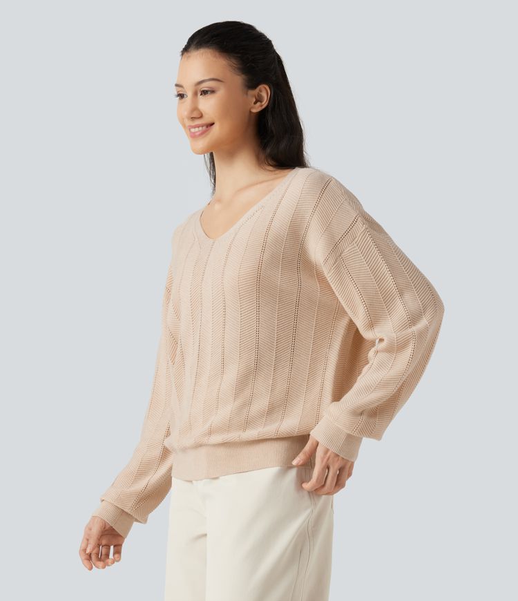 V Neck Long Sleeve Casual Wool-Blend Sweater