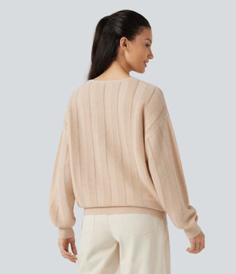 V Neck Long Sleeve Casual Wool-Blend Sweater