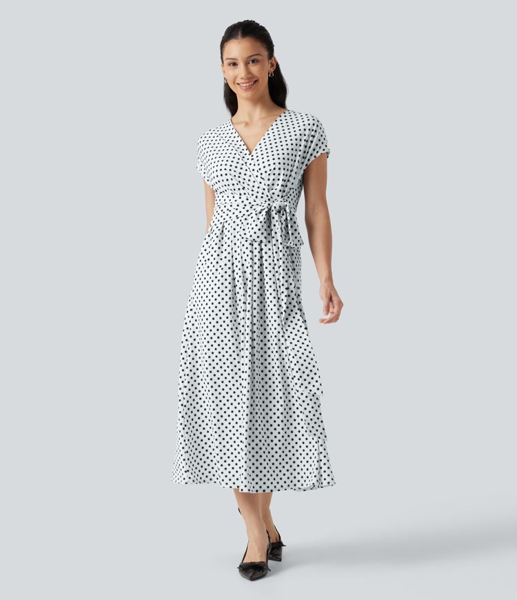 V Neck Short Sleeve Tie Side Polka Dot Midi Casual Dress with Pockets V Neck Short Sleeve Tie Side Polka Dot Midi Casual Dress with Pockets