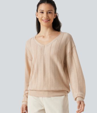 V Neck Long Sleeve Casual Wool-Blend Sweater