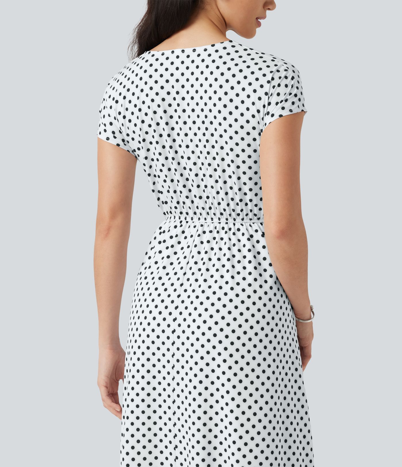 V Neck Short Sleeve Tie Side Polka Dot Midi Casual Dress with Pockets V Neck Short Sleeve Tie Side Polka Dot Midi Casual Dress with Pockets