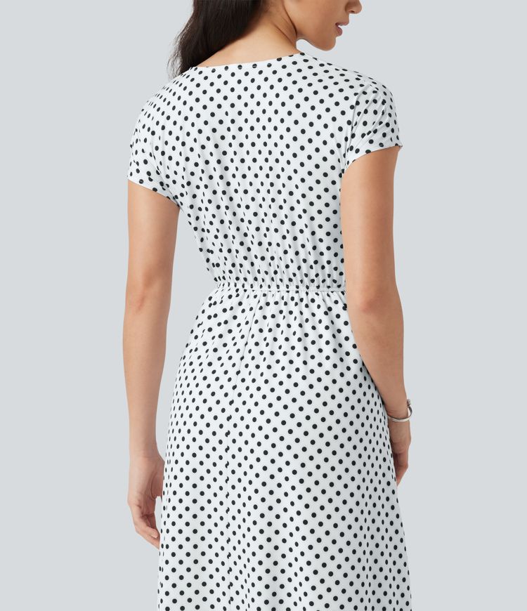 V Neck Short Sleeve Tie Side Polka Dot Midi Casual Dress with Pockets V Neck Short Sleeve Tie Side Polka Dot Midi Casual Dress with Pockets