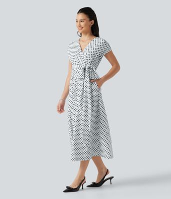 V Neck Short Sleeve Tie Side Polka Dot Midi Casual Dress with Pockets V Neck Short Sleeve Tie Side Polka Dot Midi Casual Dress with Pockets
