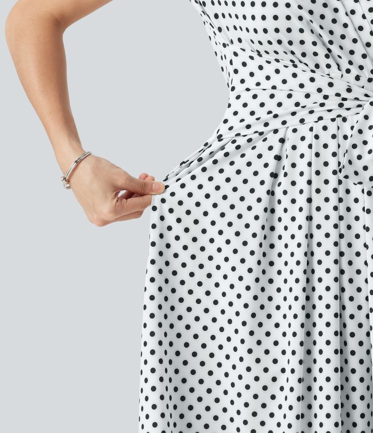 V Neck Short Sleeve Tie Side Polka Dot Midi Casual Dress with Pockets V Neck Short Sleeve Tie Side Polka Dot Midi Casual Dress with Pockets