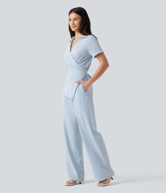 Combinaison-chemise accès facile Easy Peasy en coton froissé rayé à manches courtes, cache-cœur, lien au dos et poches