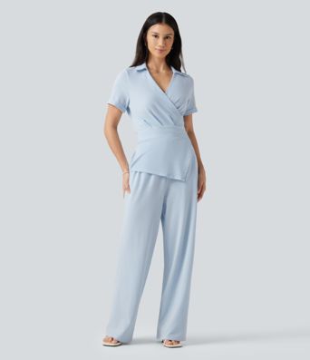 Short Sleeve Wrapped Tie Back Stripe Crinkle Cotton Casual Shirt Jumpsuit with Pockets-Easy Peezy Edition Short Sleeve Wrapped Tie Back Stripe Crinkle Cotton Casual Shirt Jumpsuit with Pockets-Easy Peezy Edition
