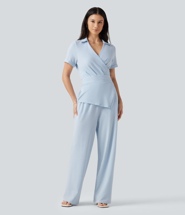 Short Sleeve Wrapped Tie Back Stripe Crinkle Cotton Casual Shirt Jumpsuit with Pockets-Easy Peezy Edition Short Sleeve Wrapped Tie Back Stripe Crinkle Cotton Casual Shirt Jumpsuit with Pockets-Easy Peezy Edition