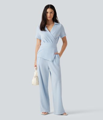 Combinaison-chemise accès facile Easy Peasy en coton froissé rayé à manches courtes, cache-cœur, lien au dos et poches