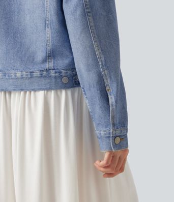 Collared Long Sleeve Denim Print French Terry Casual Jacket with Pockets