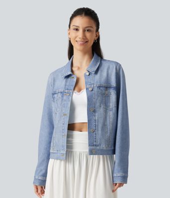 Collared Long Sleeve Denim Print French Terry Casual Jacket with Pockets
