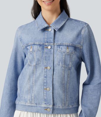 Collared Long Sleeve Denim Print French Terry Casual Jacket with Pockets