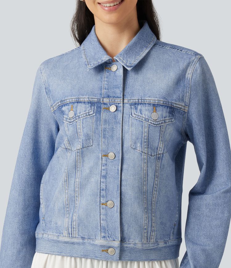 Collared Long Sleeve Denim Print French Terry Casual Jacket with Pockets