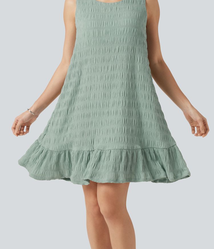 Robe mini sans manches à encolure arrondie avec ourlet à volants, coussinets amovibles et bonnets E à G Robe mini sans manches à encolure arrondie avec ourlet à volants, coussinets amovibles et bonnets E à G
