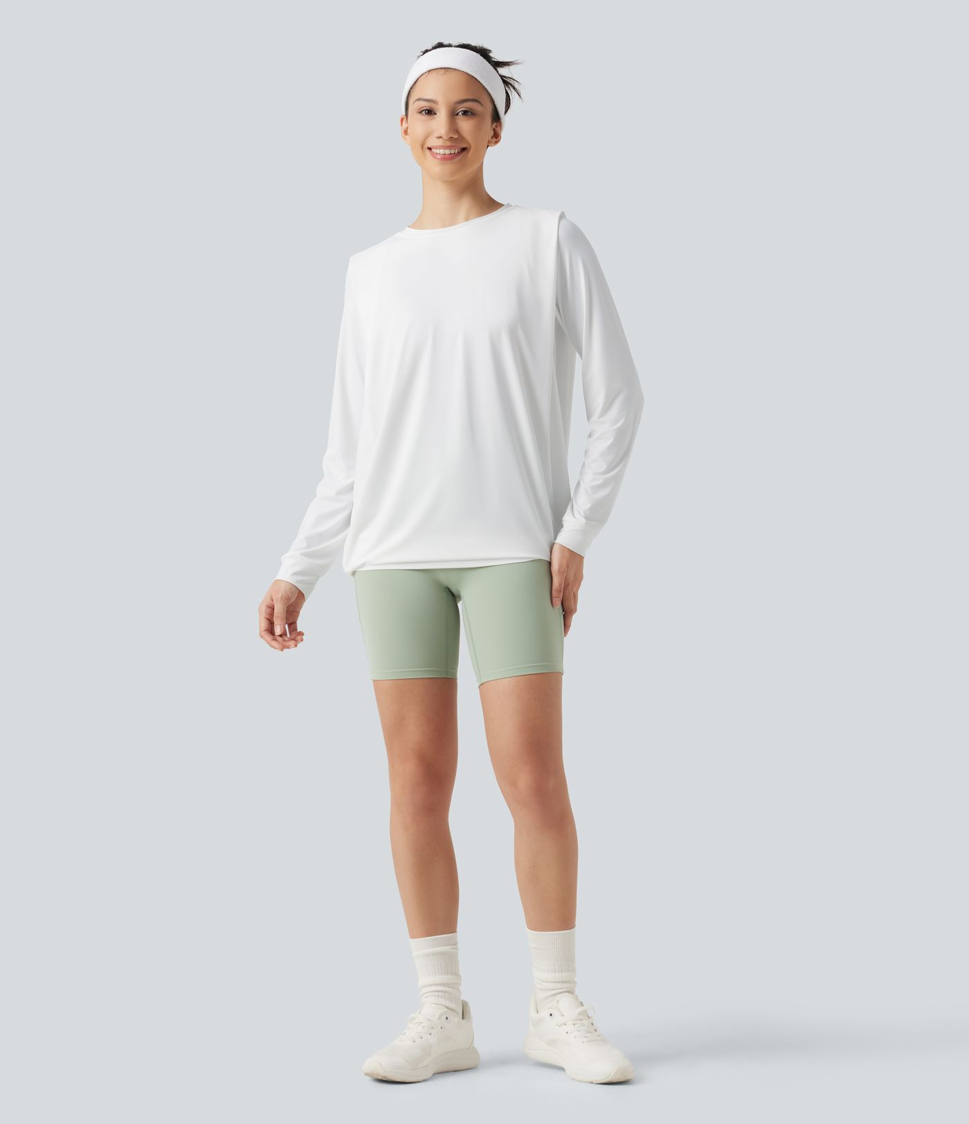 Round Neck Long Sleeve Ruched InstantCool Yoga Sports Top-Longer Length-UPF50+ Round Neck Long Sleeve Ruched InstantCool Yoga Sports Top-Longer Length-UPF50+