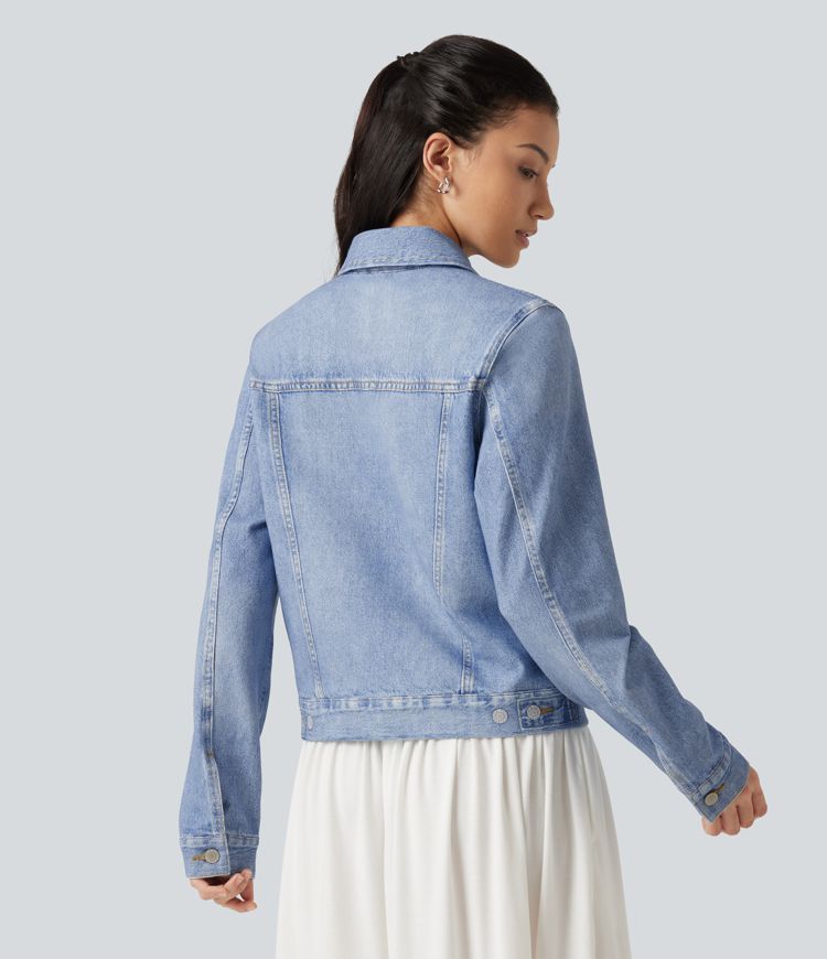Collared Long Sleeve Denim Print French Terry Casual Jacket with Pockets