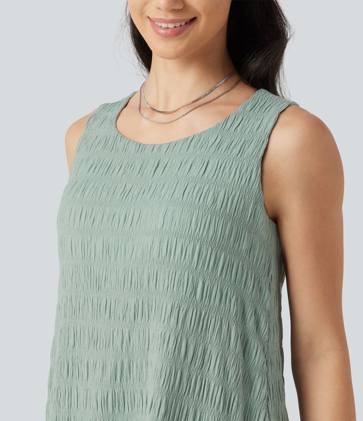 Robe mini sans manches à encolure arrondie avec ourlet à volants, coussinets amovibles et bonnets E à G Robe mini sans manches à encolure arrondie avec ourlet à volants, coussinets amovibles et bonnets E à G