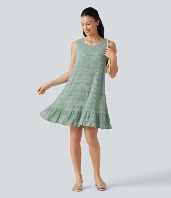 Robe mini sans manches à encolure arrondie avec ourlet à volants, coussinets amovibles et bonnets E à G Robe mini sans manches à encolure arrondie avec ourlet à volants, coussinets amovibles et bonnets E à G