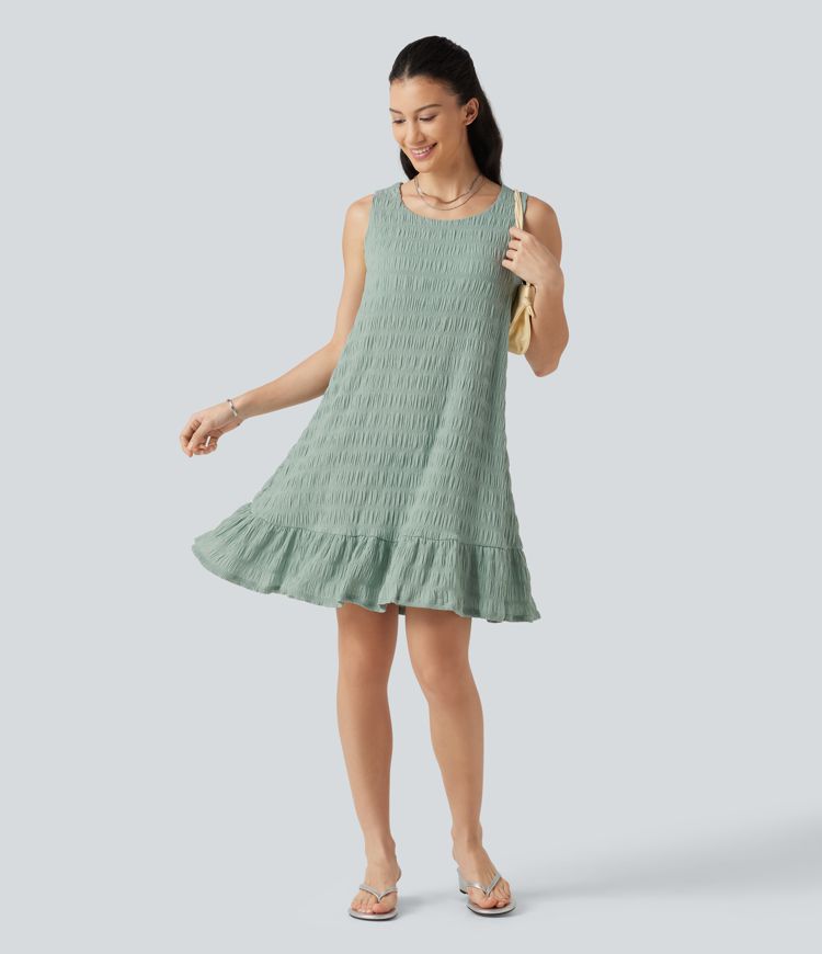 Robe mini sans manches à encolure arrondie avec ourlet à volants, coussinets amovibles et bonnets E à G Robe mini sans manches à encolure arrondie avec ourlet à volants, coussinets amovibles et bonnets E à G