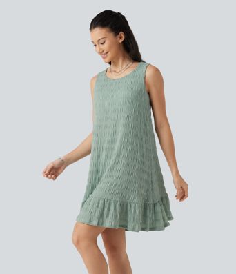 Robe mini sans manches à encolure arrondie avec ourlet à volants, coussinets amovibles et bonnets E à G Robe mini sans manches à encolure arrondie avec ourlet à volants, coussinets amovibles et bonnets E à G