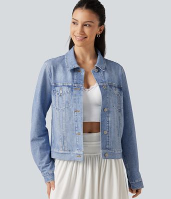 Collared Long Sleeve Denim Print French Terry Casual Jacket with Pockets