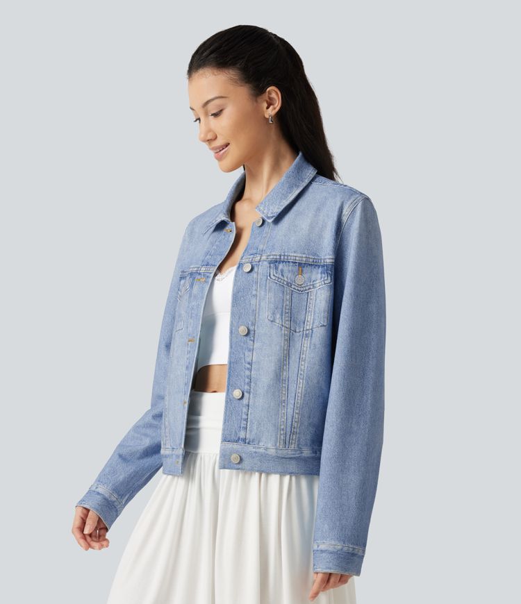 Collared Long Sleeve Denim Print French Terry Casual Jacket with Pockets