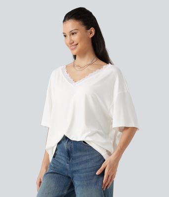 T-shirt décontracté à manches courtes, col en V, avec empiècements en résille contrastante