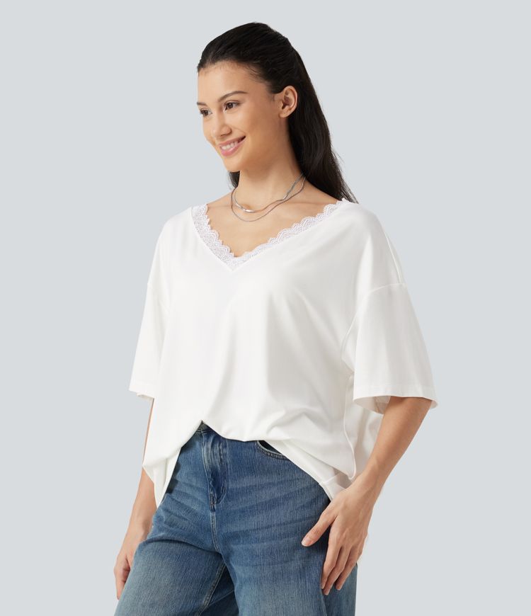 T-shirt décontracté à manches courtes, col en V, avec empiècements en résille contrastante