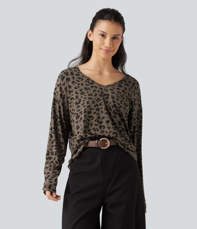 V Nneck Leopard Print Long Sleeve Casual T-Shirt V Nneck Leopard Print Long Sleeve Casual T-Shirt
