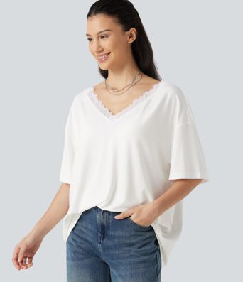 T-shirt décontracté à manches courtes, col en V, avec empiècements en résille contrastante