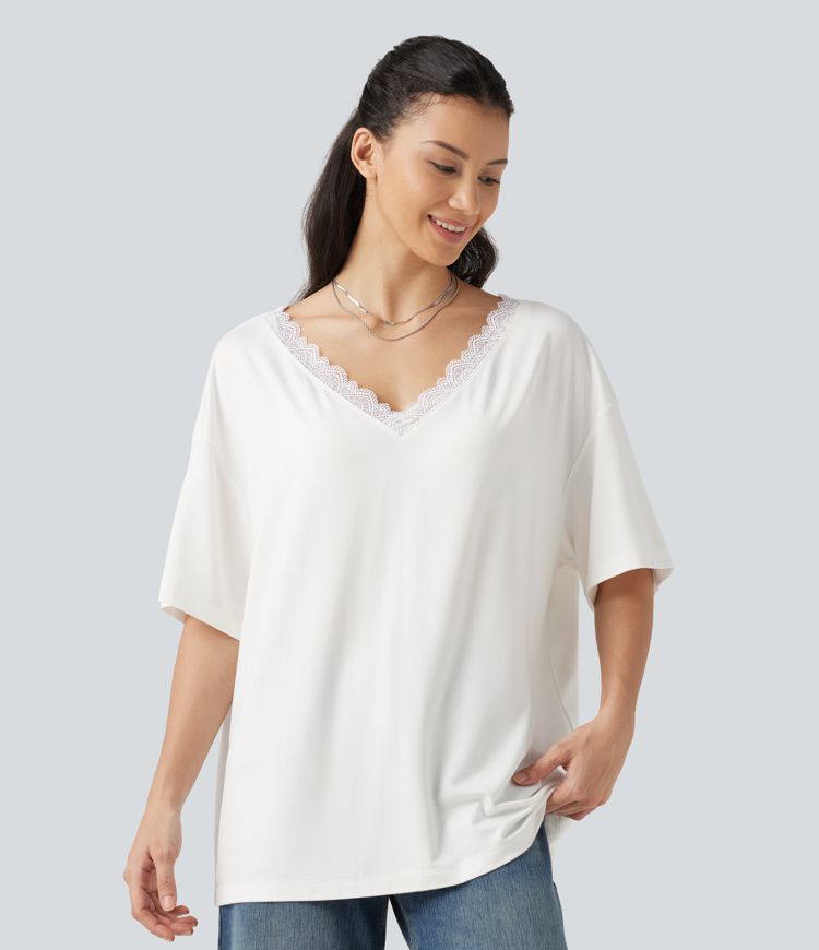 T-shirt décontracté à manches courtes, col en V, avec empiècements en résille contrastante