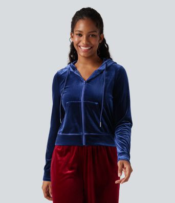 Hooded Drawstring Zipper Long Sleeve Velvet Casual Jacket with Pockets