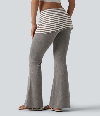 Pantalon évasé décontracté à taille basse avec taille rabattable, à rayures et effet chiné Pantalon évasé décontracté à taille basse avec taille rabattable, à rayures et effet chiné
