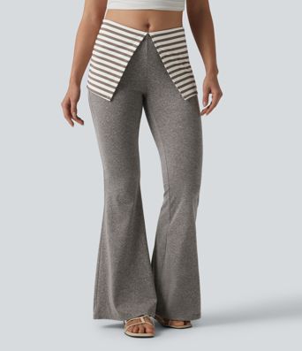 Pantalon évasé décontracté à taille basse avec taille rabattable, à rayures et effet chiné Pantalon évasé décontracté à taille basse avec taille rabattable, à rayures et effet chiné
