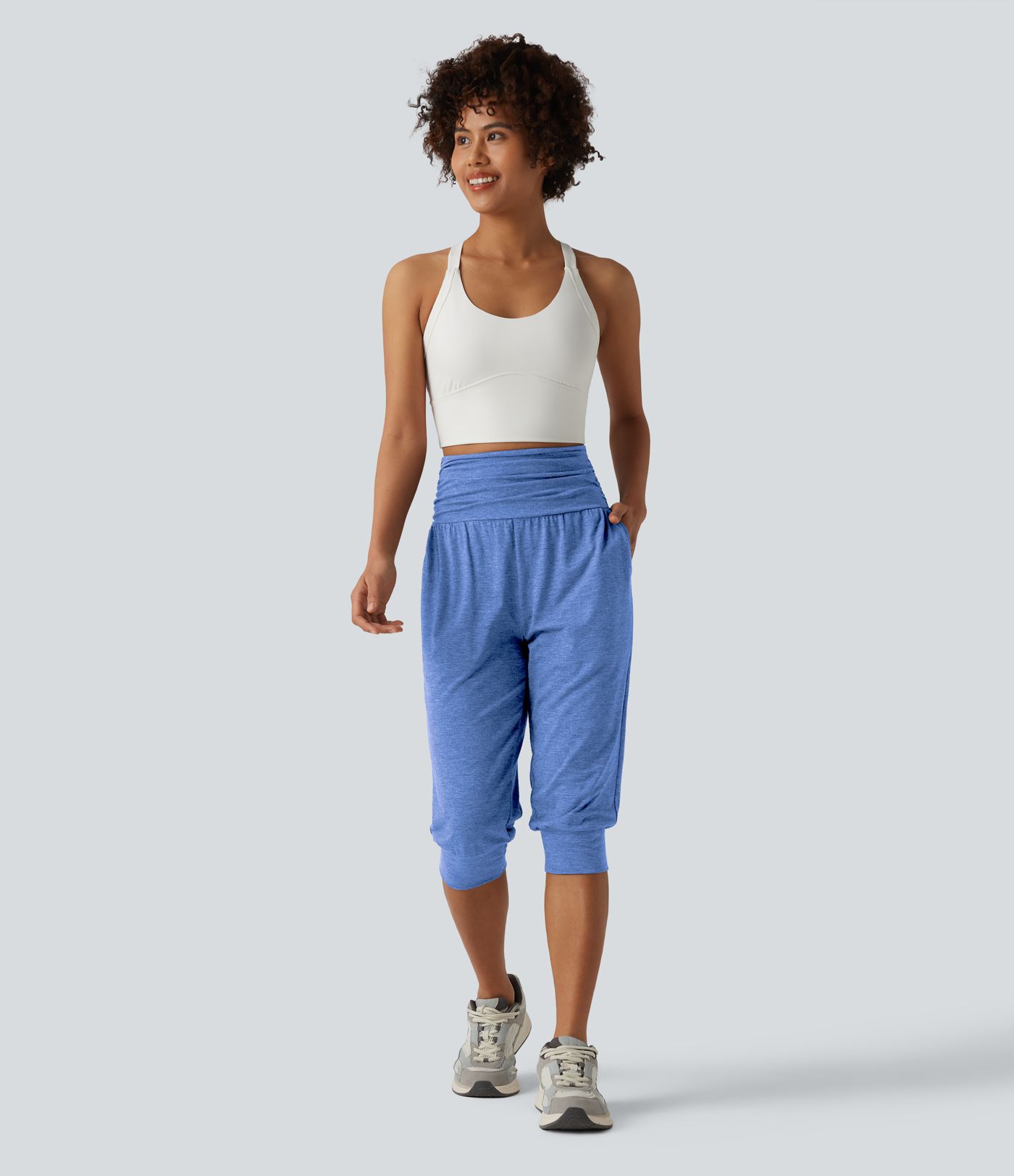 High Waisted Ruched Heathered Yoga Pedal Pushers Joggers with Pockets High Waisted Ruched Heathered Yoga Pedal Pushers Joggers with Pockets