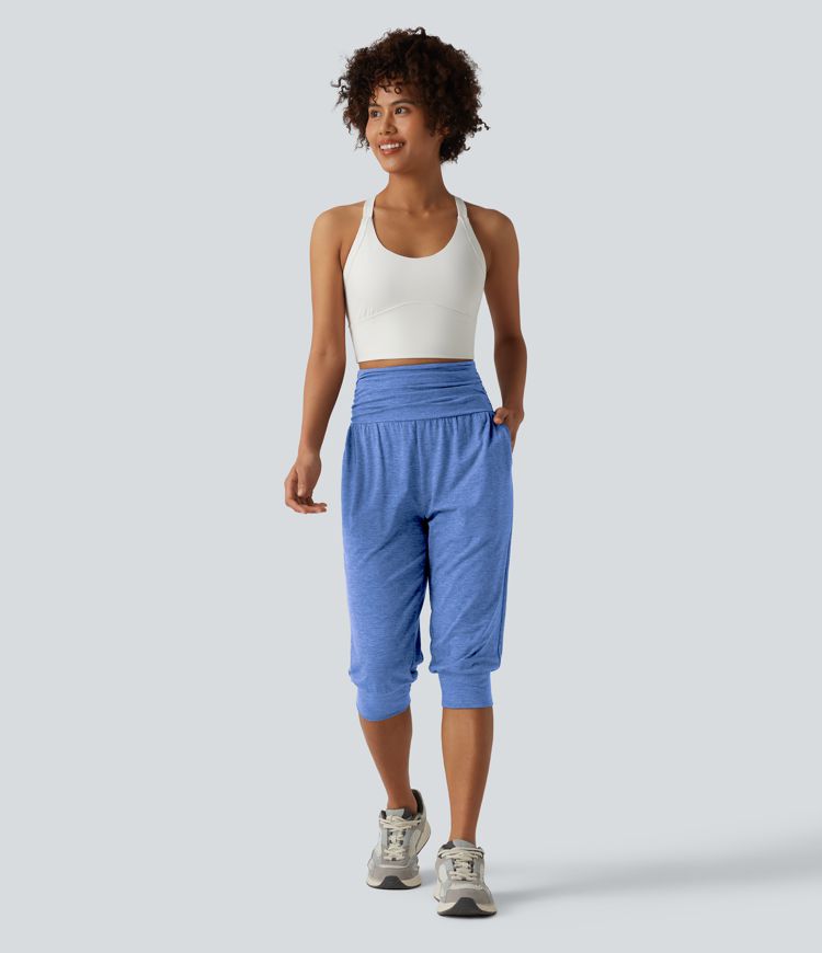 High Waisted Ruched Heathered Yoga Pedal Pushers Joggers with Pockets High Waisted Ruched Heathered Yoga Pedal Pushers Joggers with Pockets