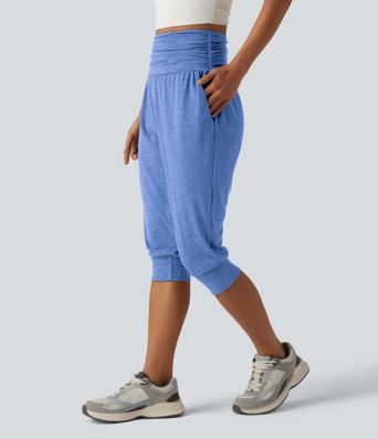 High Waisted Ruched Heathered Yoga Pedal Pushers Joggers with Pockets High Waisted Ruched Heathered Yoga Pedal Pushers Joggers with Pockets