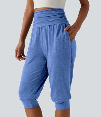 High Waisted Ruched Heathered Yoga Pedal Pushers Joggers with Pockets High Waisted Ruched Heathered Yoga Pedal Pushers Joggers with Pockets